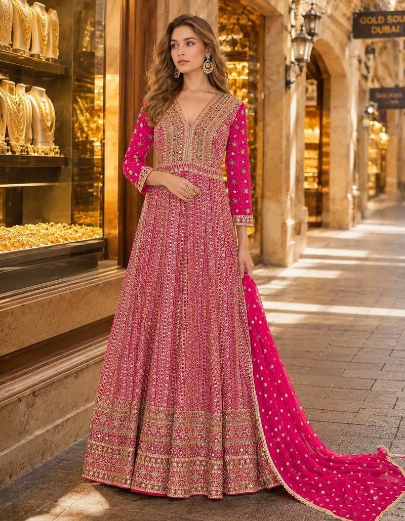 Magenta anarkali free size stitched suit with embroidery codding & sequence work