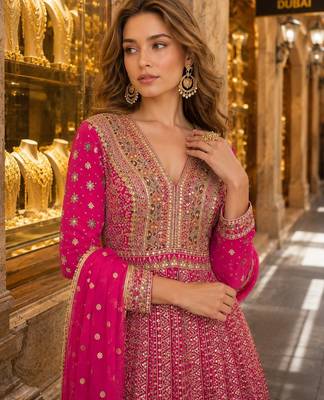 Magenta anarkali free size stitched suit with embroidery codding & sequin work 2