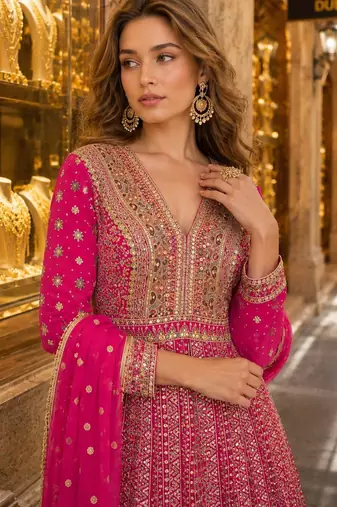 Magenta anarkali free size stitched suit with embroidery codding & sequence work