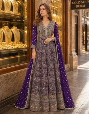 Violet anarkali free size stitched suit with embroidery codding & sequin work 1