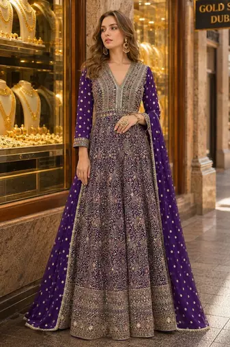 Violet anarkali free size stitched suit with embroidery codding & sequence work