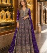 Violet anarkali free size stitched suit with embroidery codding & sequence work