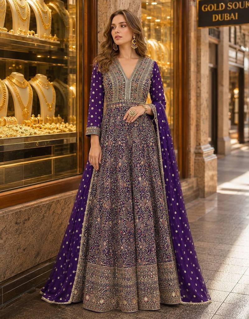 Violet anarkali free size stitched suit with embroidery codding & sequence work