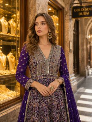 Violet anarkali free size stitched suit with embroidery codding & sequin work 2