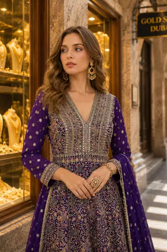 Violet anarkali free size stitched suit with embroidery codding & sequence work