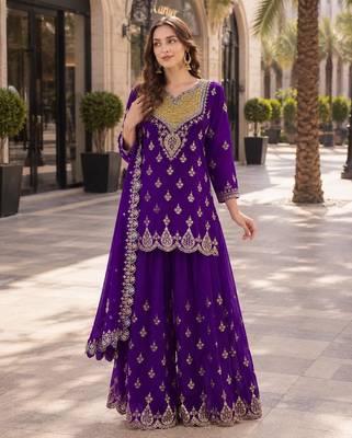 Violet chinon semi stitched suit with embroidered sequin & mirror work 1
