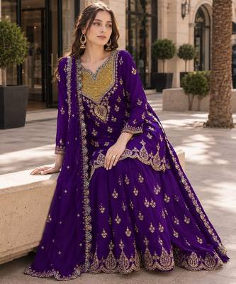 Violet chinon semi stitched suit with embroidered sequin & mirror work 2