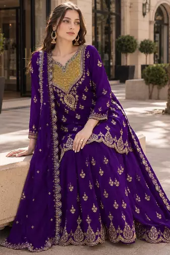 Violet chinon semi stitched suit with embroidered sequence & mirror work