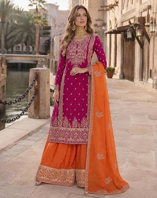 Rani pink free size stitched palazzo suit with embroidery & sequin work 1