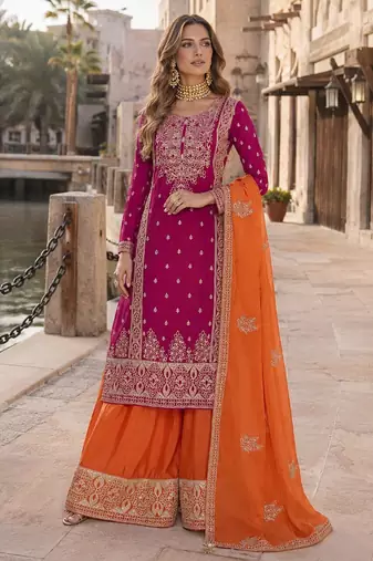 Rani pink free size stitched plazzo suit with embroidery & sequence work