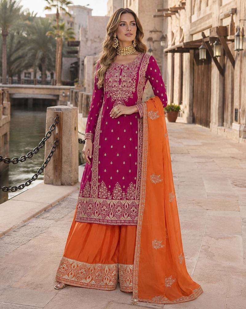 Rani pink free size stitched plazzo suit with embroidery & sequence work