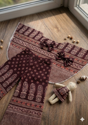 Wine ajrakh bloom cotton kaftan palazzo set for girls kids with bow gift 2