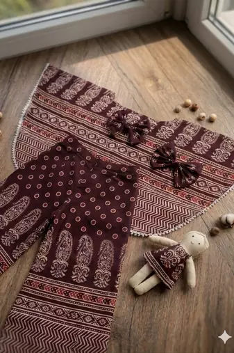 Wine ajrakh bloom cotton kaftan palazzo set for girls kids with bow gift