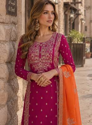 Rani pink free size stitched palazzo suit with embroidery & sequin work 2