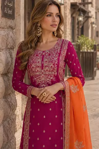 Rani pink free size stitched plazzo suit with embroidery & sequence work
