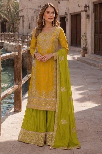 Yellow free size stitched plazzo suit with embroidery & sequence work