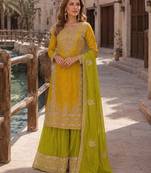Yellow free size stitched plazzo suit with embroidery & sequence work