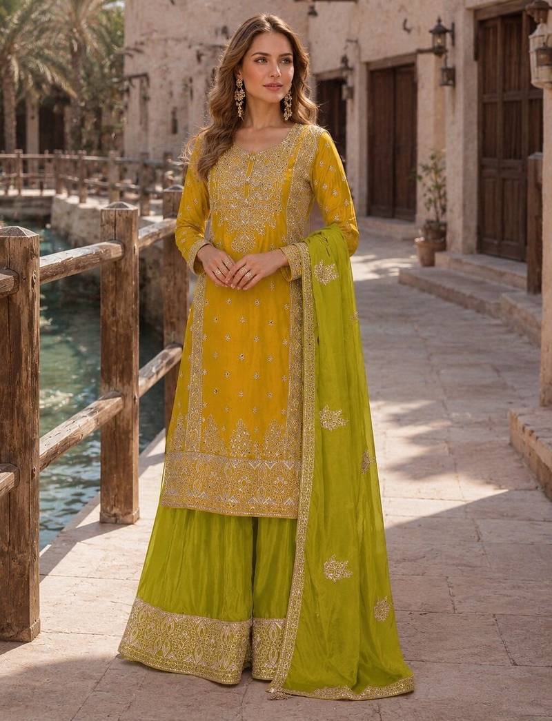 Yellow free size stitched plazzo suit with embroidery & sequence work