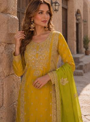 Yellow free size stitched palazzo suit with embroidery & sequin work 2