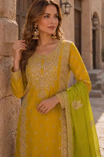 Yellow free size stitched plazzo suit with embroidery & sequence work