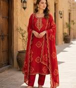 Orange silk unstitched suit with printed & khatli work