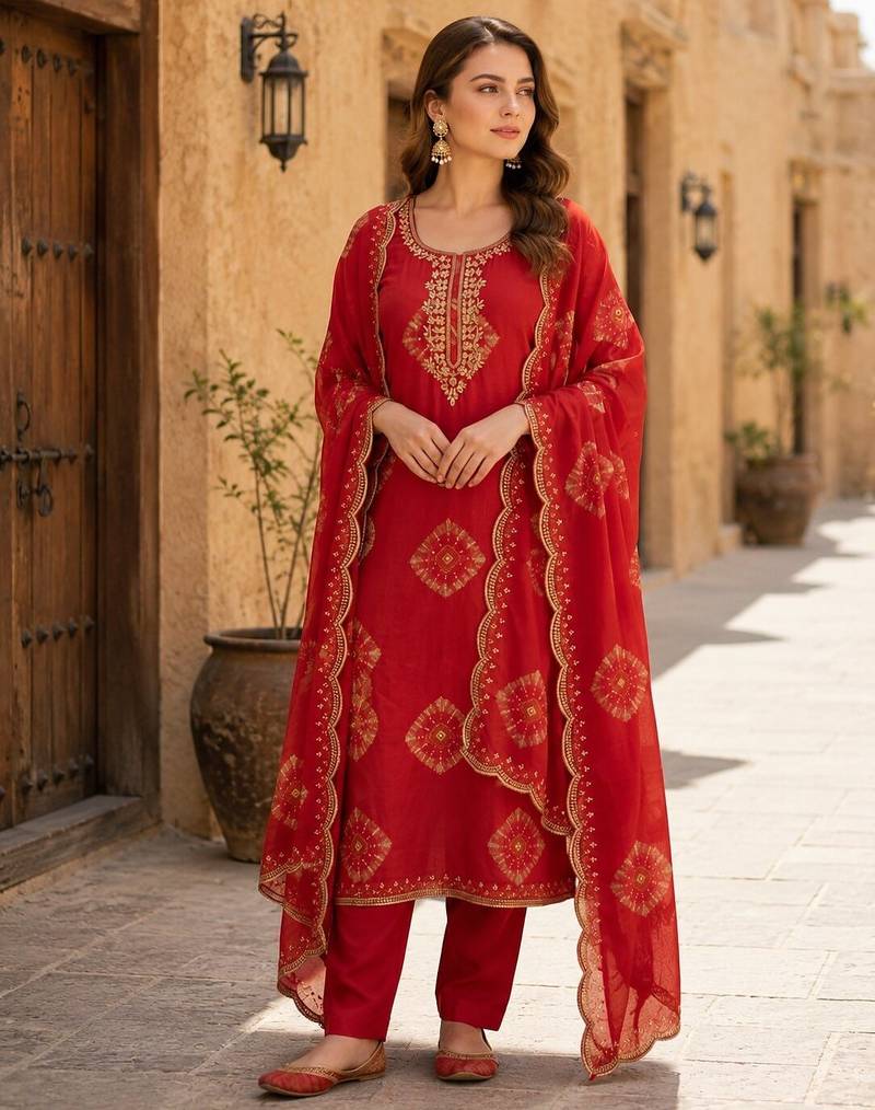 Orange silk unstitched suit with printed & khatli work