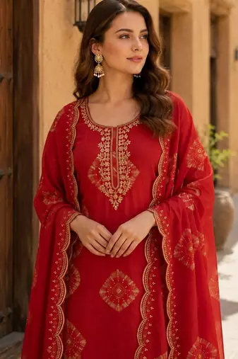 Orange silk unstitched suit with printed & khatli work