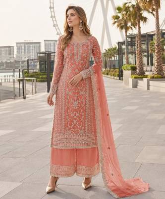 Peach net semi stitched suit with coding and embroidery work 1