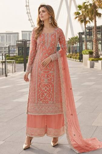 Peach net semi stitched suit with coding and embroidery work