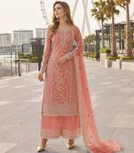 Peach net semi stitched suit with coding and embroidery work