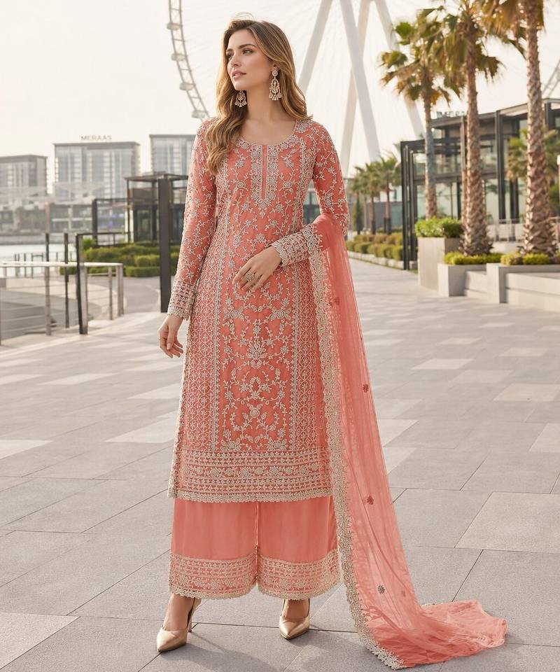 Peach net semi stitched suit with coding and embroidery work