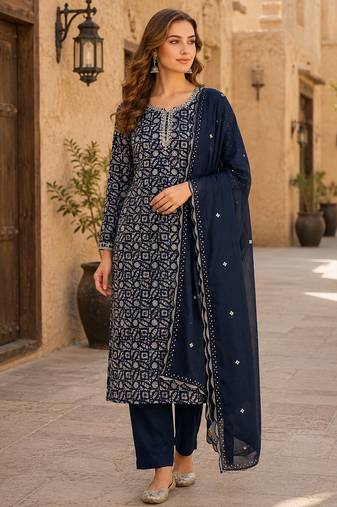 Navy silk unstitched suit with printed & khatli work