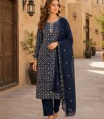 Navy silk unstitched suit with printed & khatli work