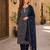 Navy silk unstitched suit with printed & khatli work