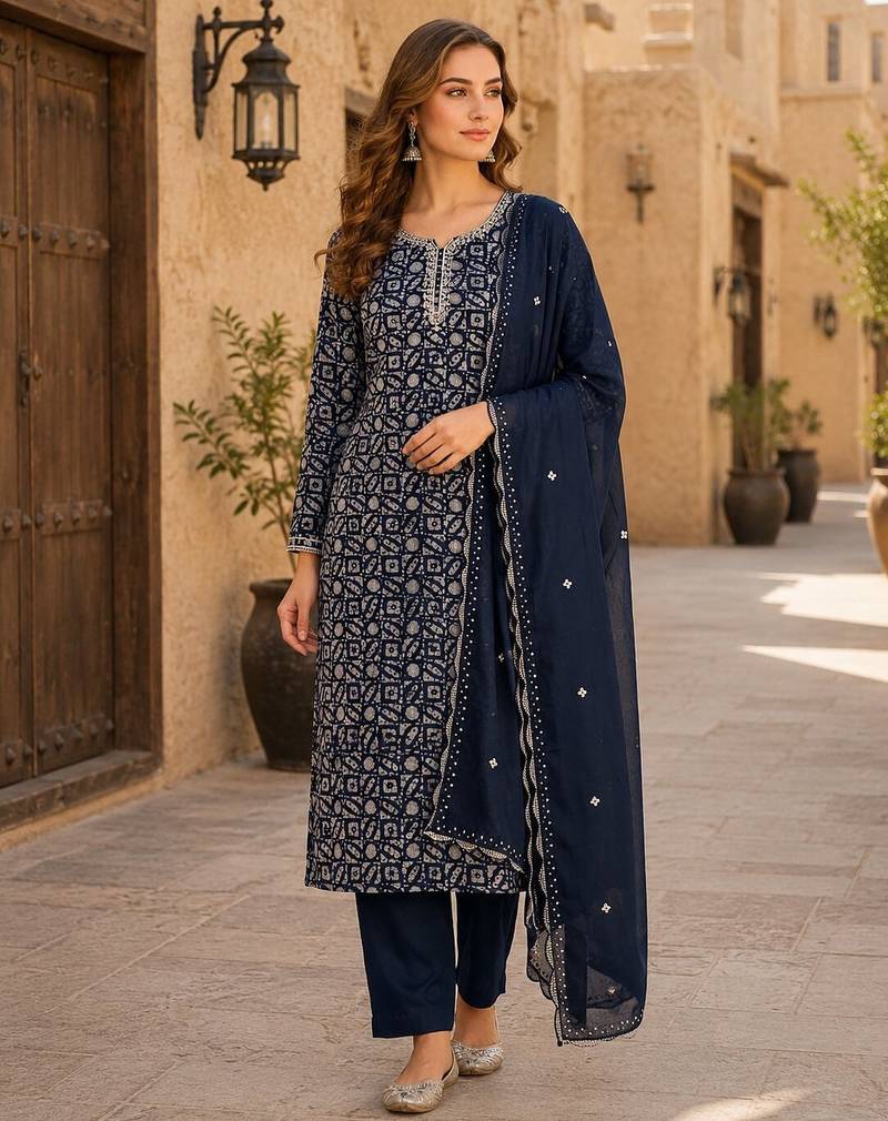 Navy silk unstitched suit with printed & khatli work