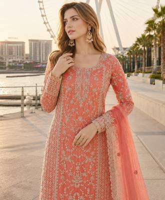 Peach net semi stitched suit with coding and embroidery work 2