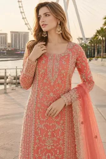 Peach net semi stitched suit with coding and embroidery work