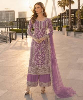 Lavender net semi stitched suit with coding and embroidery work 1