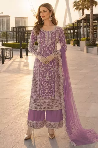 Lavender net semi stitched suit with coding and embroidery work