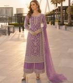 Lavender net semi stitched suit with coding and embroidery work