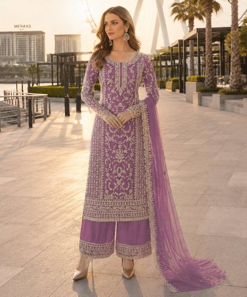 Lavender net semi stitched suit with coding and embroidery work
