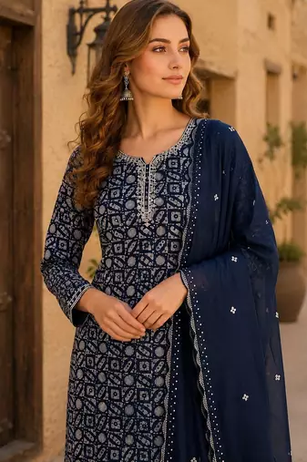 Navy silk unstitched suit with printed & khatli work