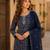 Navy silk unstitched suit with printed & khatli work