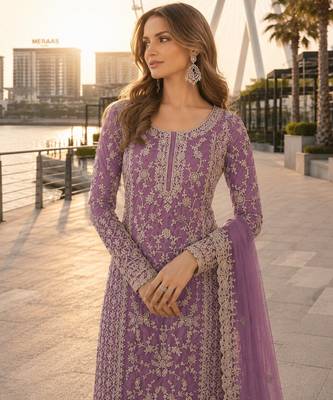 Lavender net semi stitched suit with coding and embroidery work 2