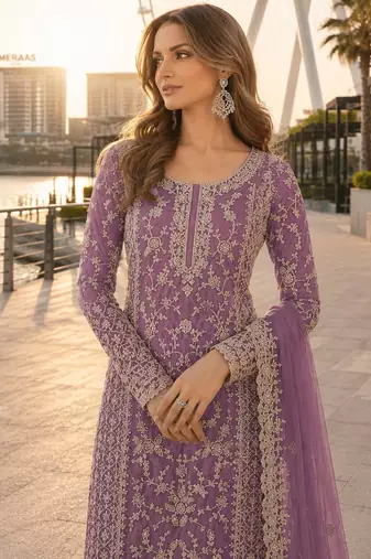 Lavender net semi stitched suit with coding and embroidery work