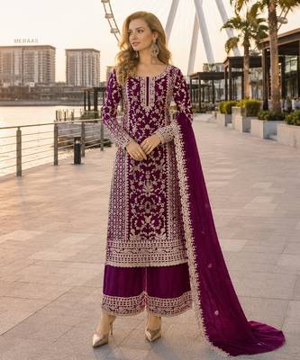 Purple net semi stitched suit with coding and embroidery work 1