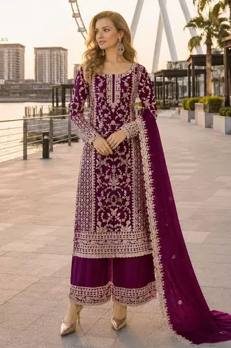 Purple net semi stitched suit with coding and embroidery work