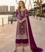 Purple net semi stitched suit with coding and embroidery work
