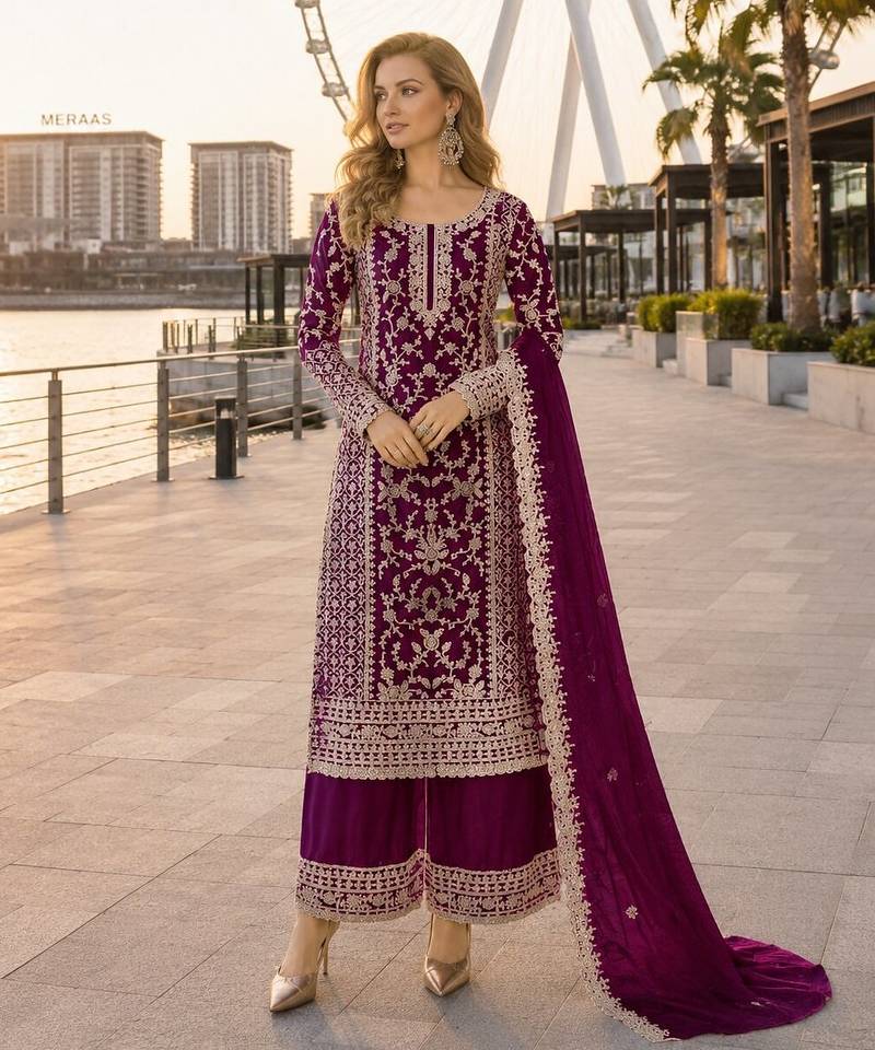 Purple net semi stitched suit with coding and embroidery work