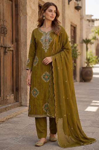 Mehendi silk unstitched suit with printed & khatli work